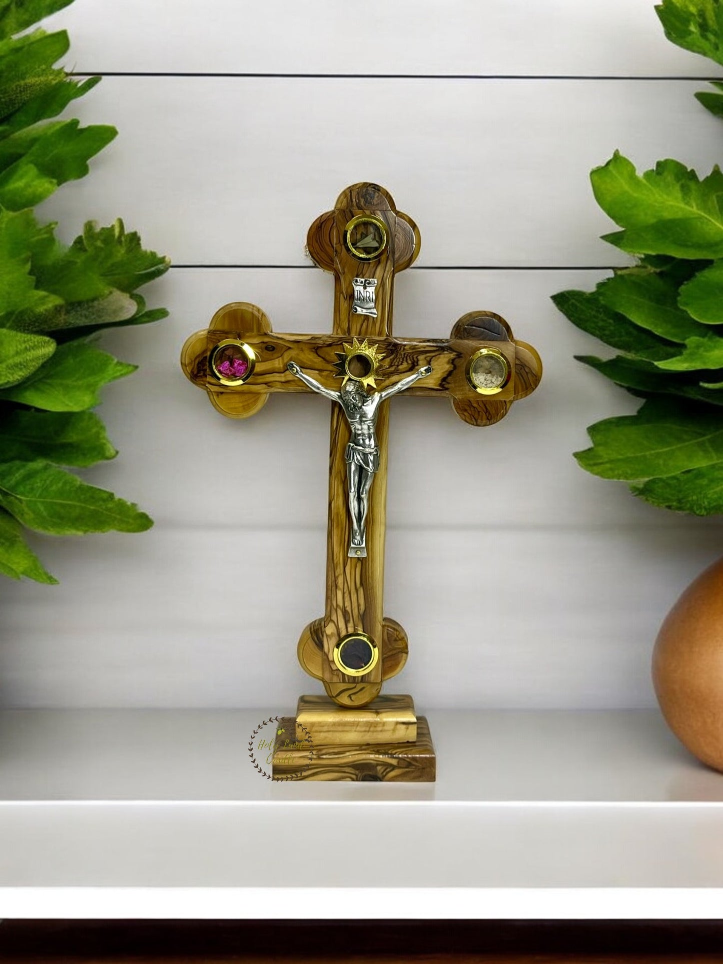 Olive Wood Cross With Corpus & 4 Glasses with Base
