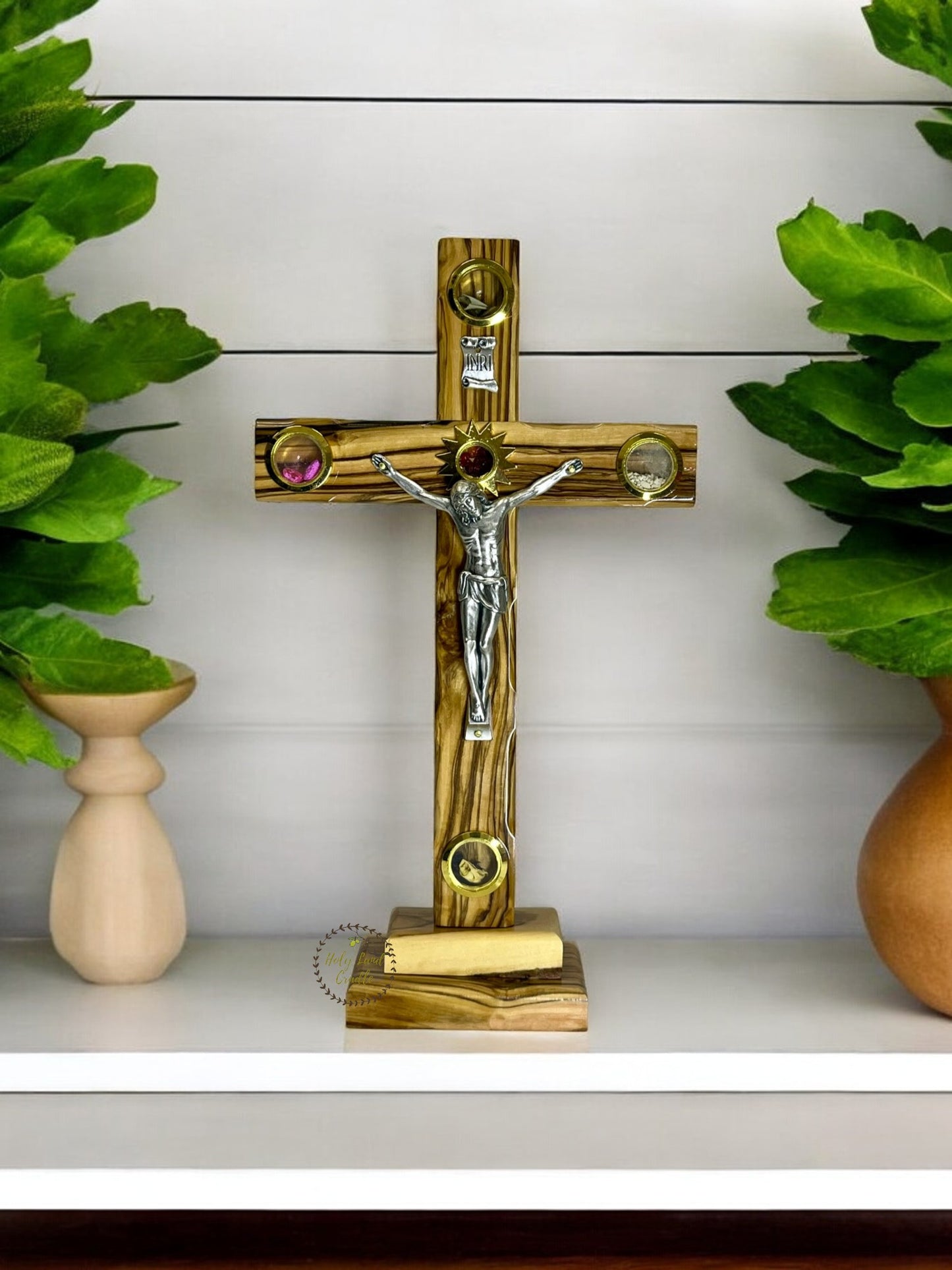 Olive Wood Cross With Corpus & 4 Glasses with Base