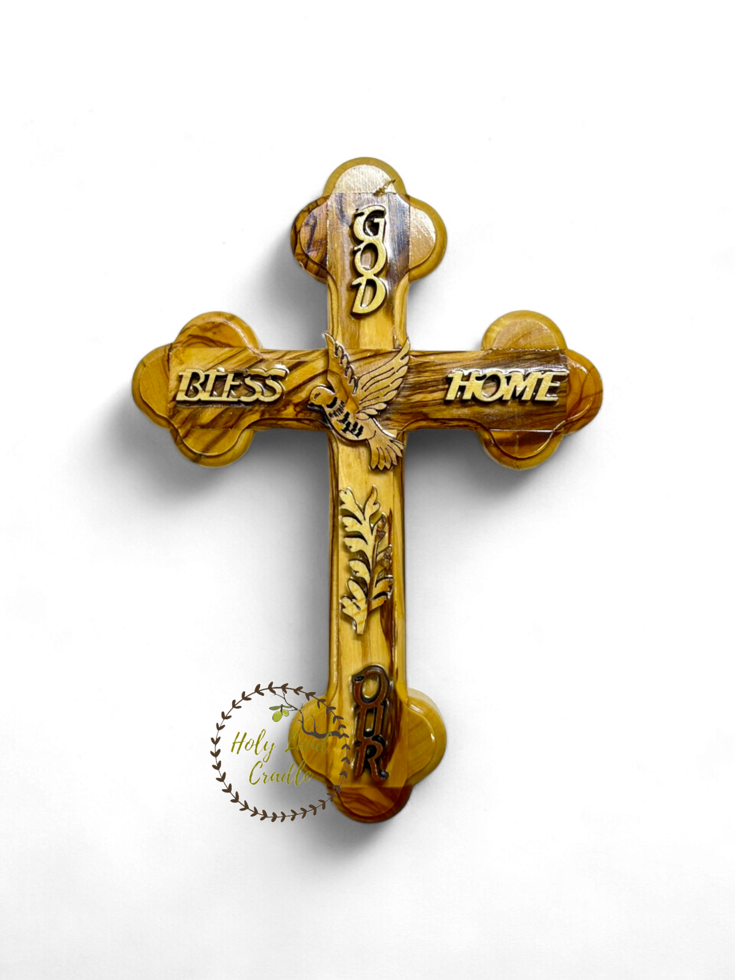 Olive Wood "Gold Bless Our Home" on a cross