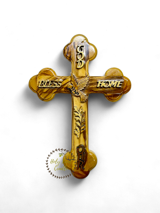 Olive Wood "Gold Bless Our Home" on a cross