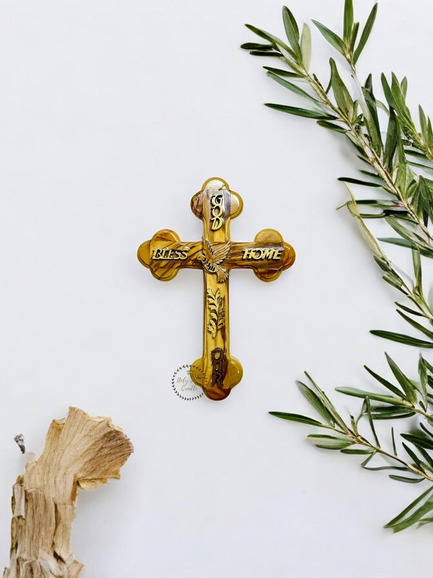 Olive Wood "Gold Bless Our Home" on a cross