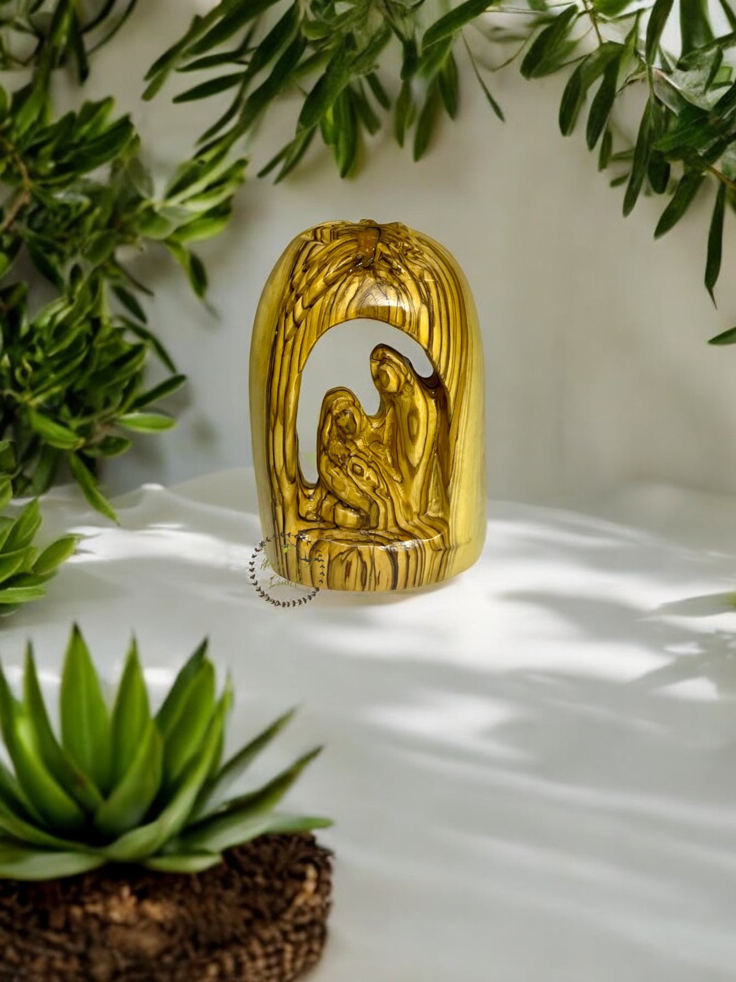 Olive Wood Holy Family in Bell Shape