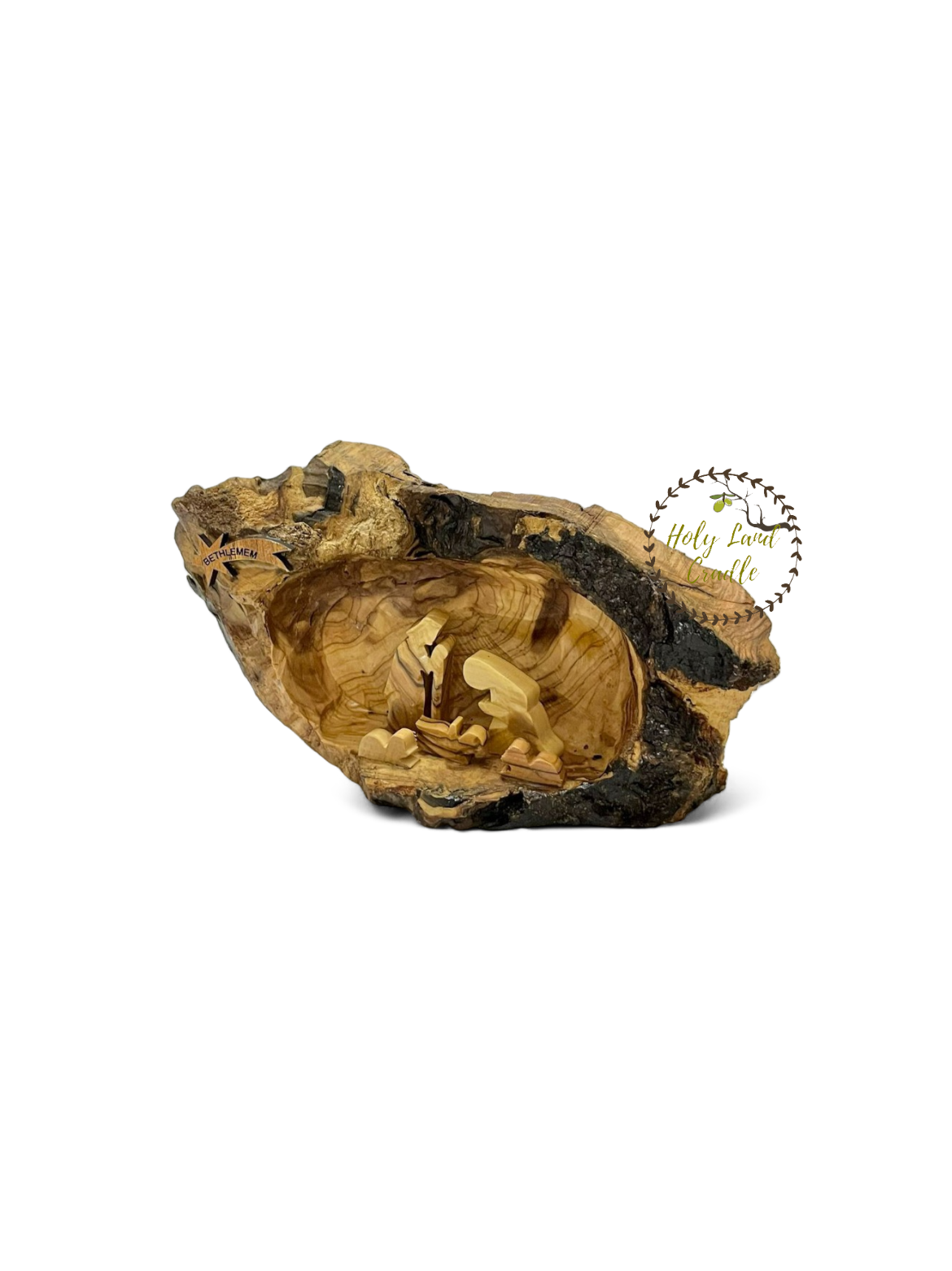 Olive Wood Nativity With Natural Wood Bark