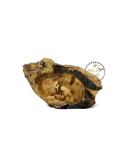 Olive Wood Nativity With Natural Wood Bark