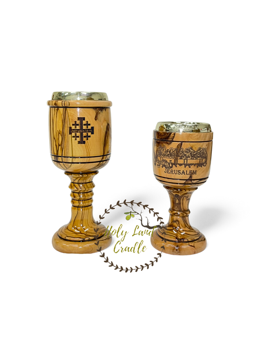 Olive Wood Chalice Last supper & Jerusalem Cross Engraved