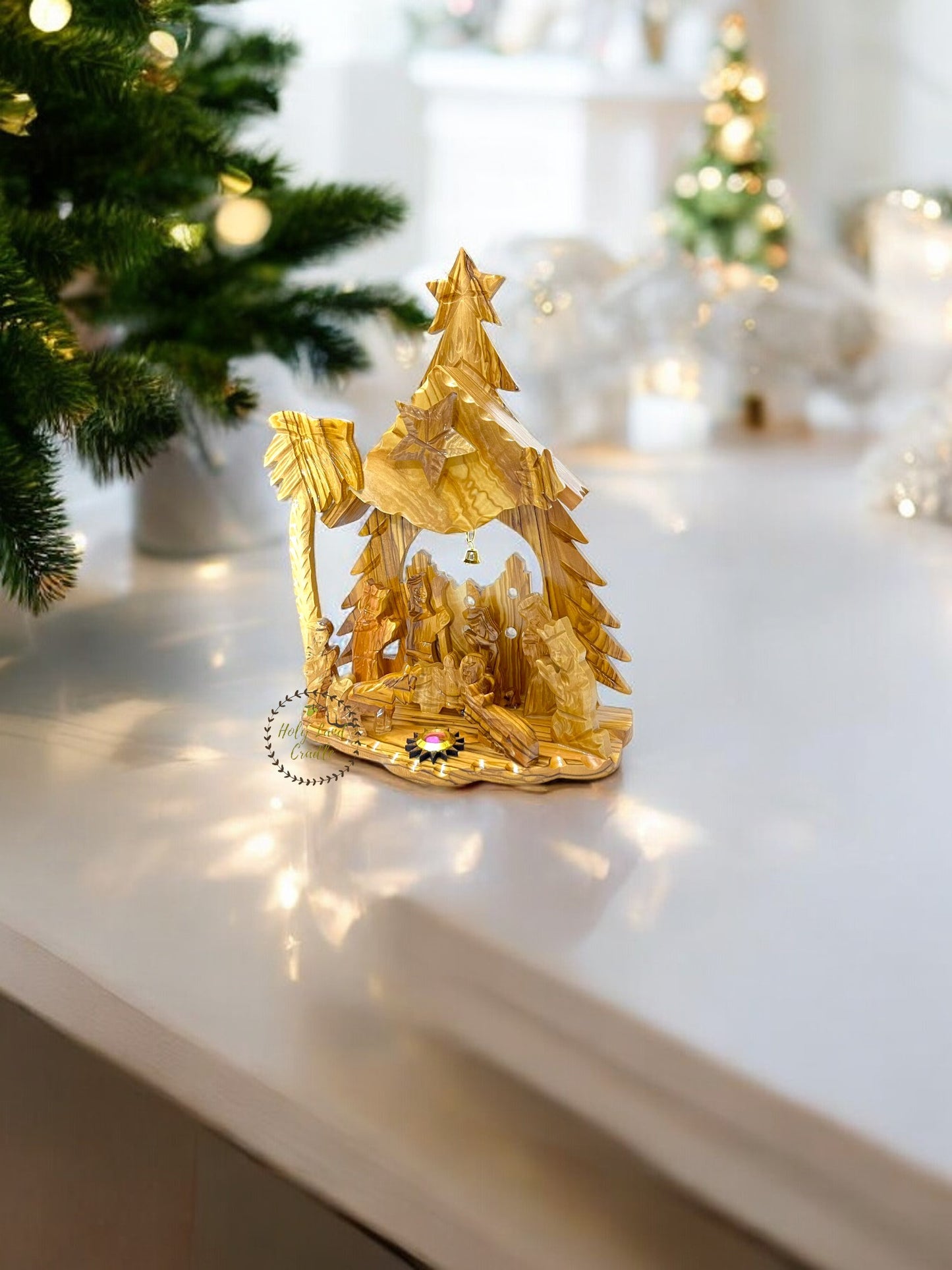 Olive Wood Church Shaped & Bell Flexible Musical Nativity Scene