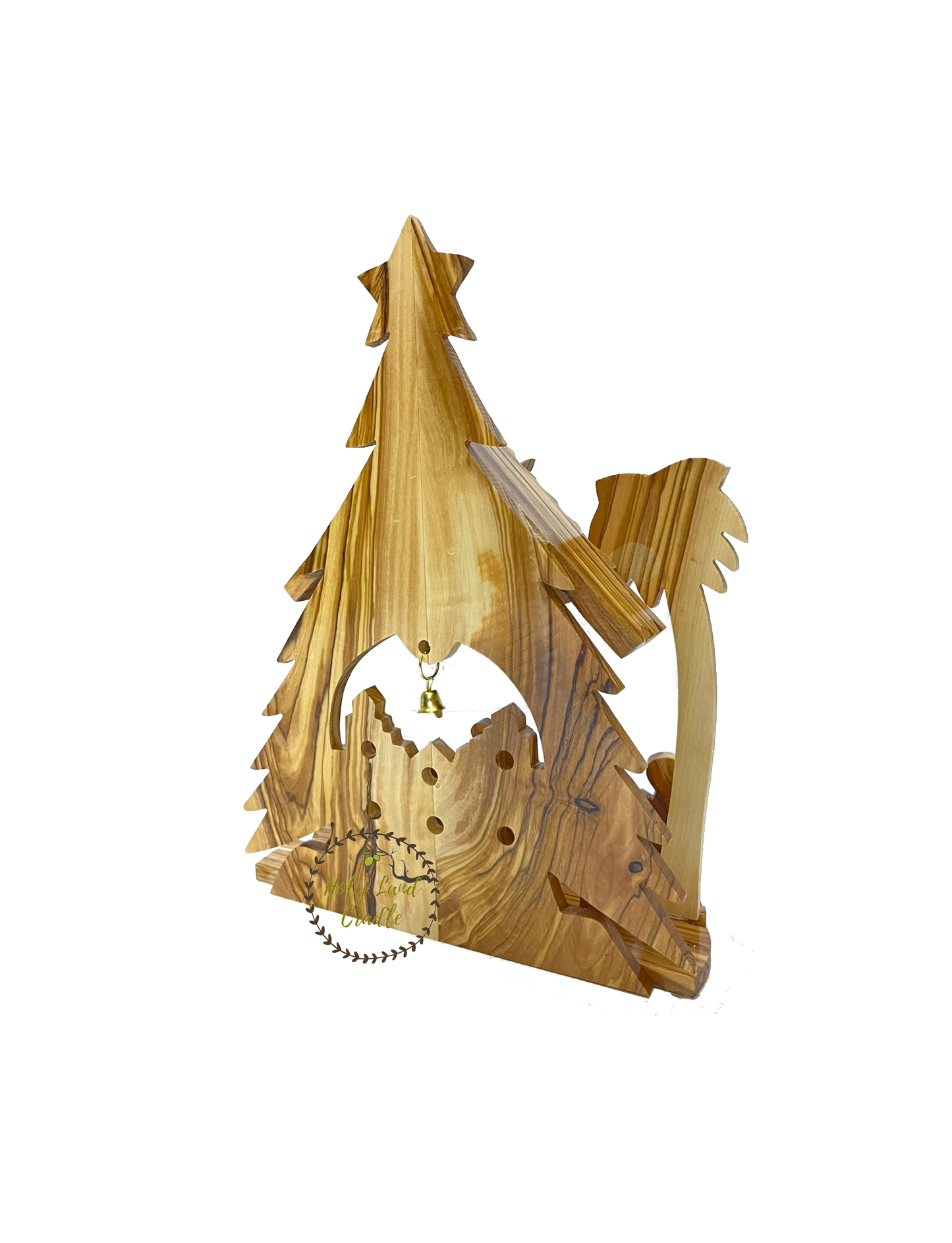 Olive Wood Church Shaped & Bell Flexible Musical Nativity Scene