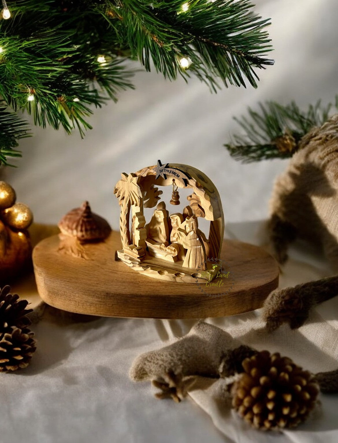 Olive Wood Church Shaped & Bell flexible Nativity Scene