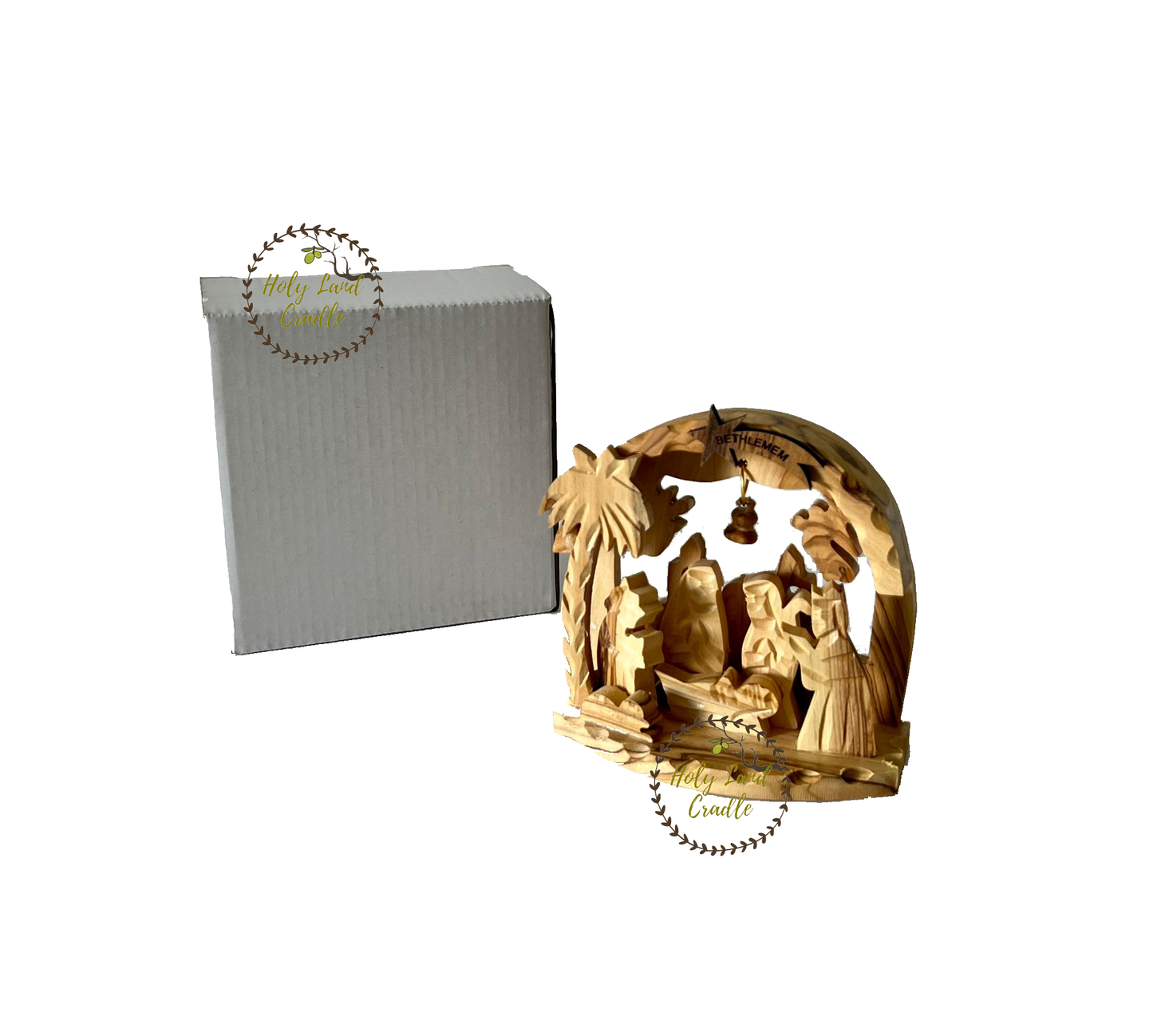 Olive Wood Church Shaped & Bell flexible Nativity Scene