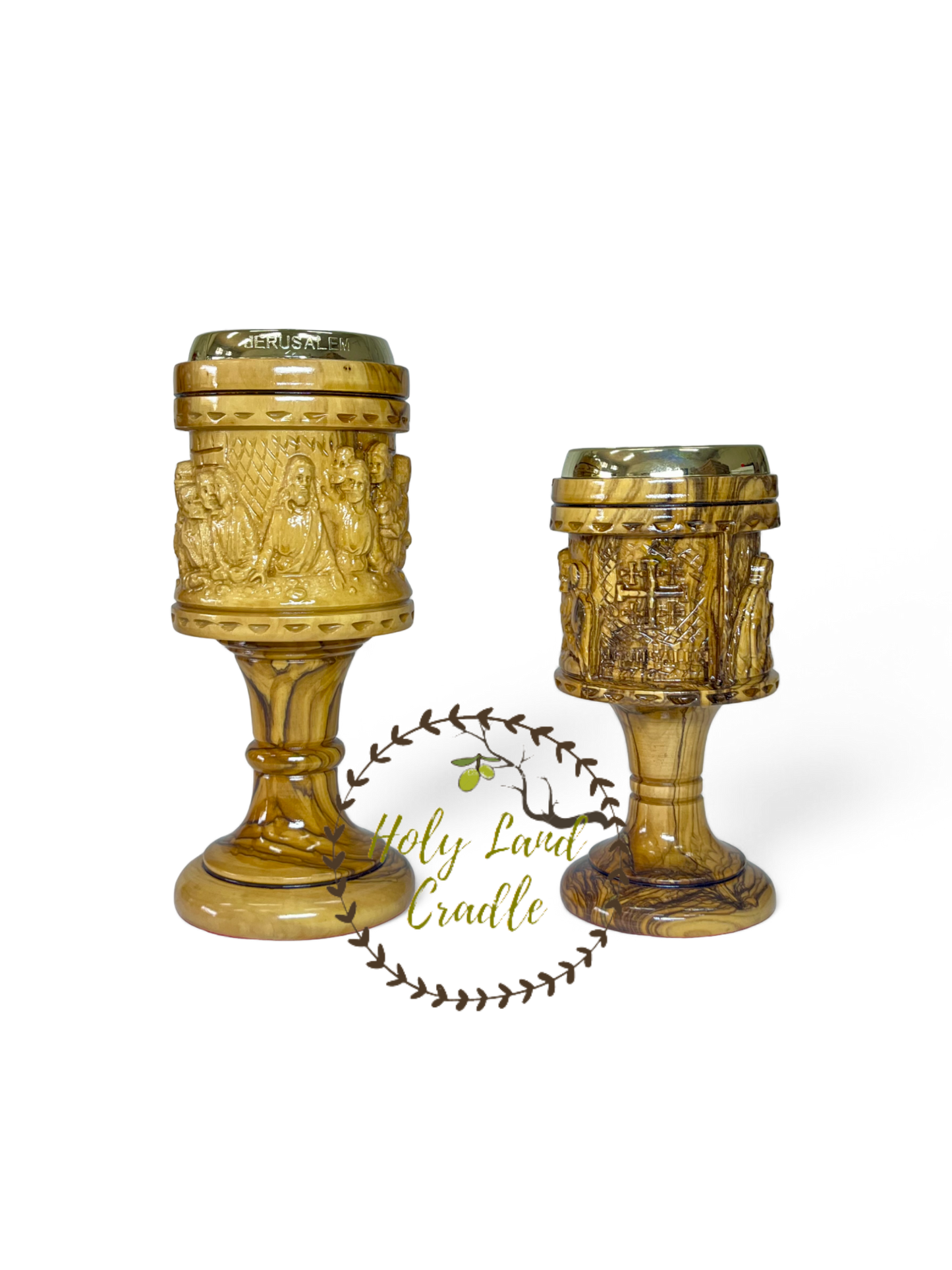 Olive Wood Chalice Last supper & Jerusalem Cross Carved