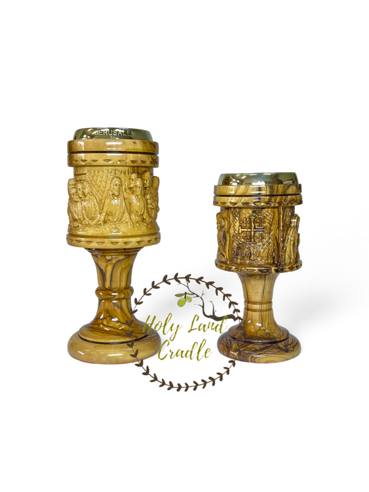 Olive Wood Chalice Last supper & Jerusalem Cross Carved