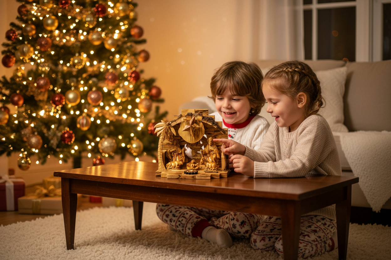 Children with Olive Wood Musical Nativity Scene