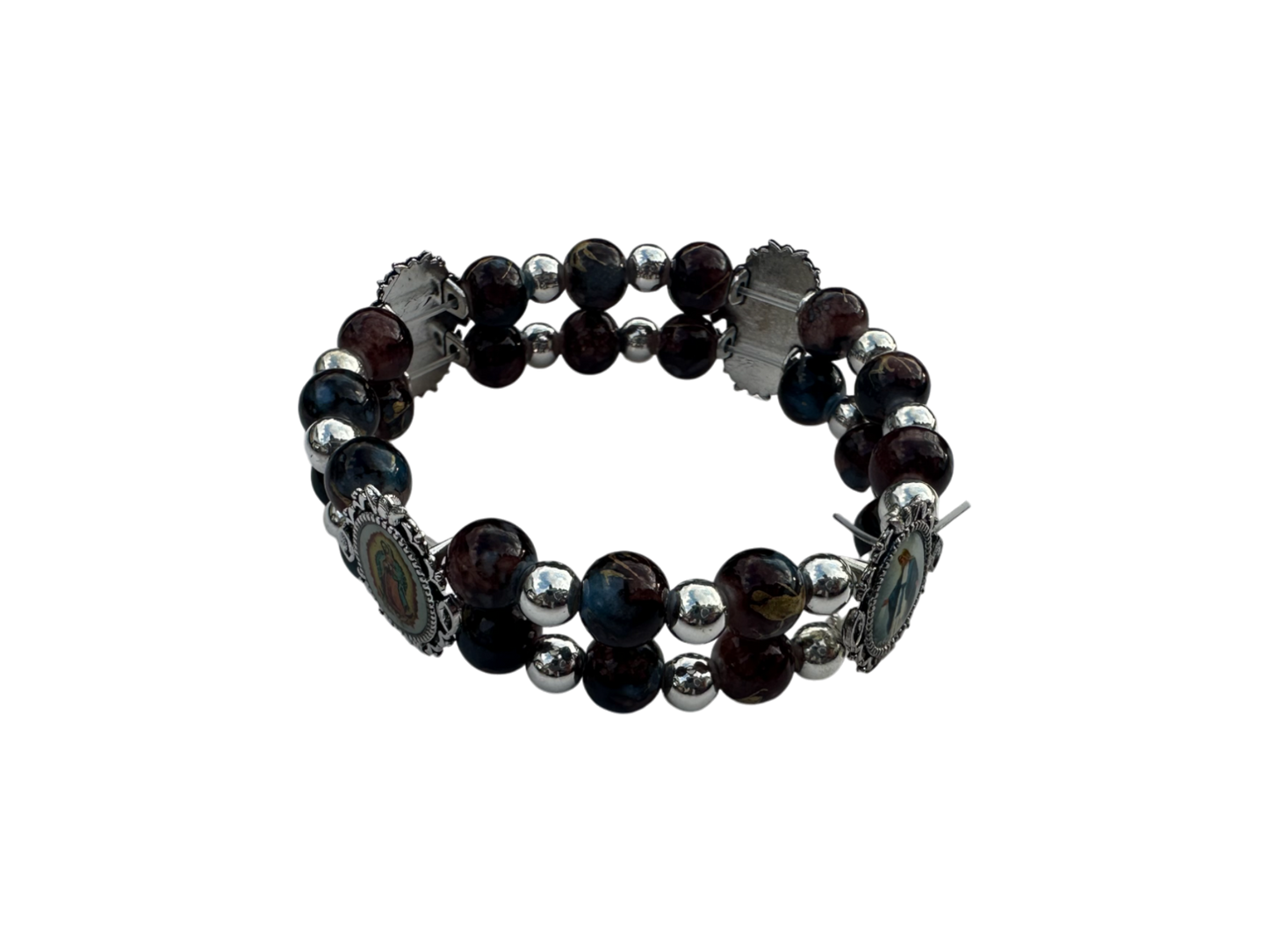 Double Bracelet  Round Malachite & Obsidian Stones