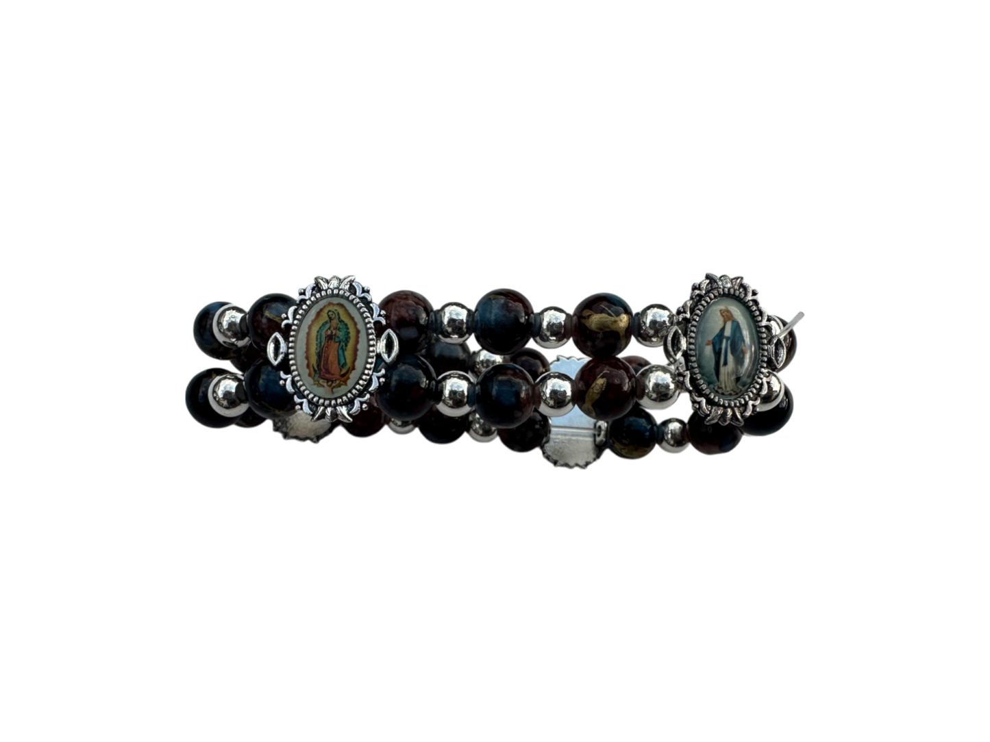 Double Bracelet  Round Malachite & Obsidian Stones