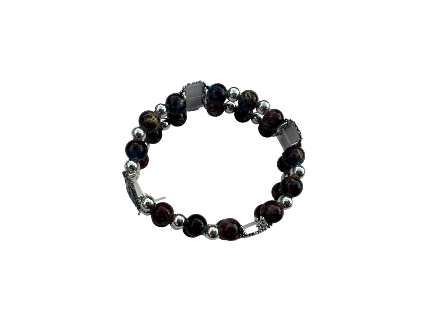 Double Bracelet  Round Malachite & Obsidian Stones
