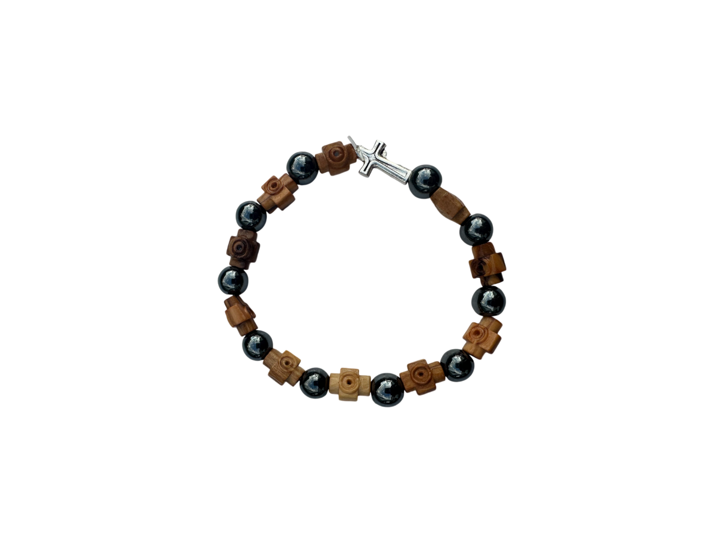 Bracelet Round Hematite & Olive Wood Cross
