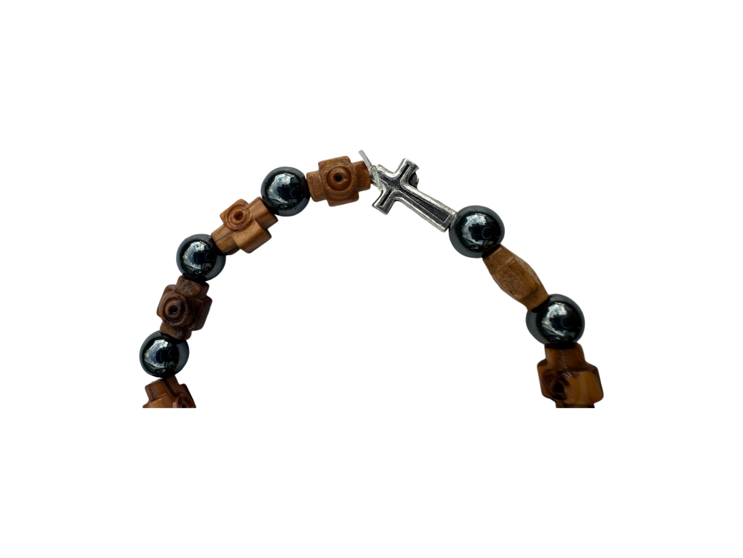 Bracelet Round Hematite & Olive Wood Cross