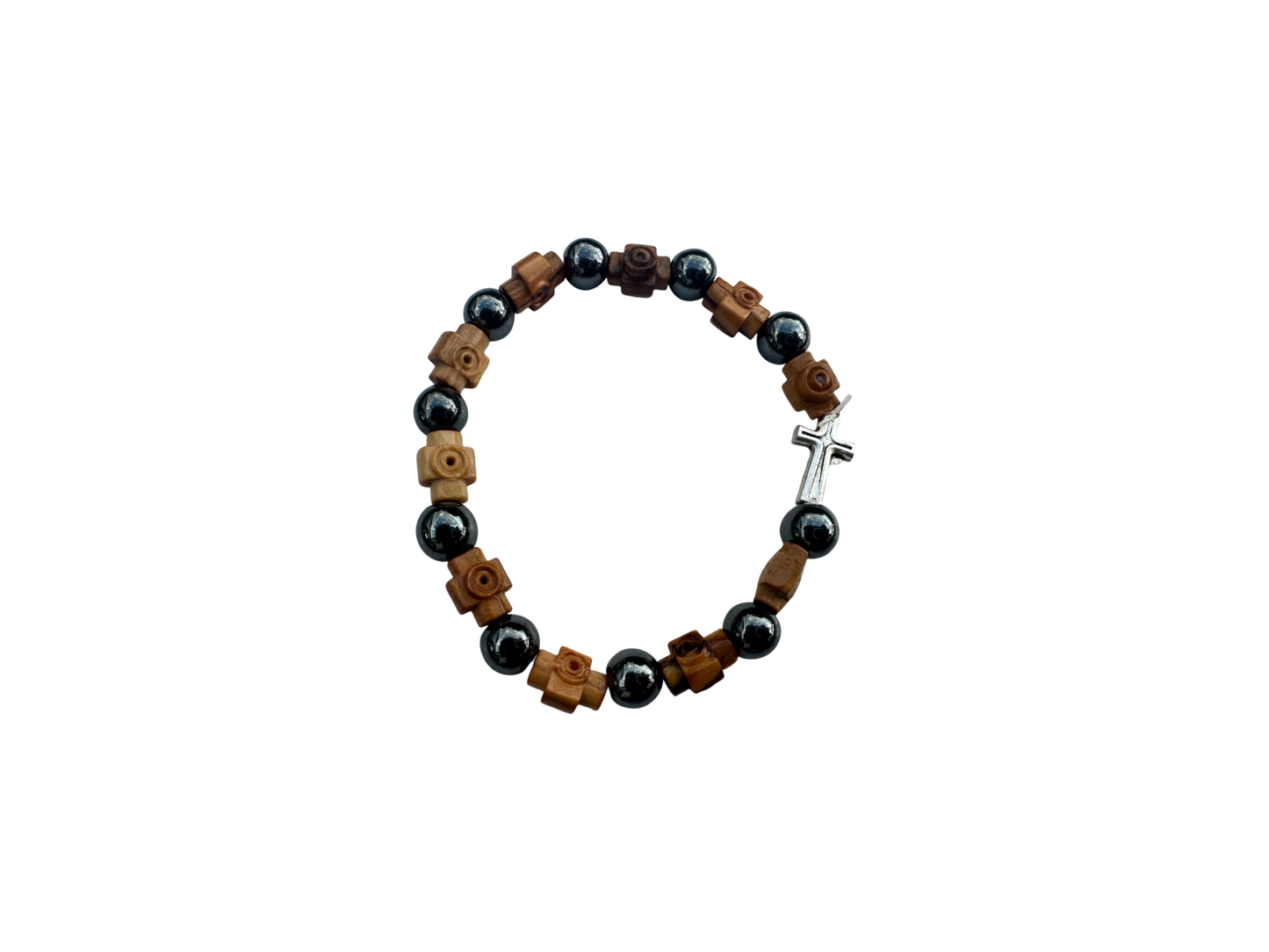 Bracelet Round Hematite & Olive Wood Cross