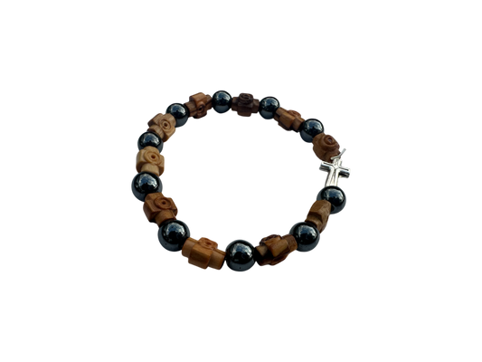 Bracelet Round Hematite & Olive Wood Cross