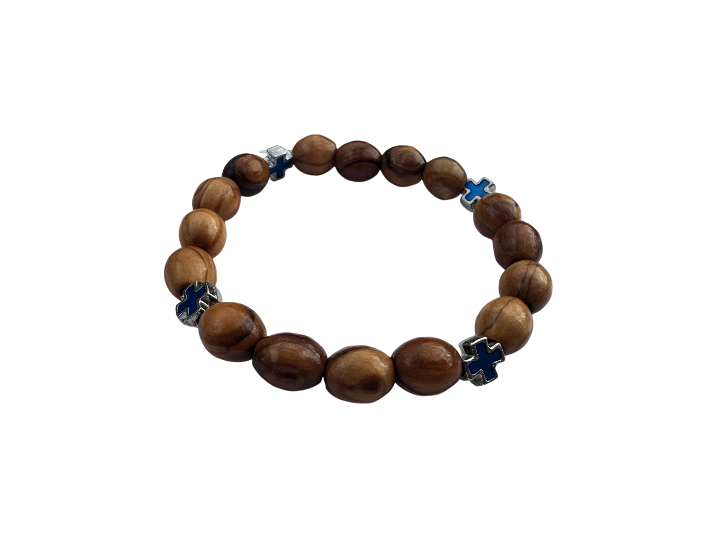 Olive Wood & Blue Metal Cross Bracelet