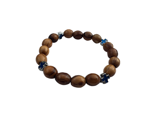 Olive Wood & Blue Metal Cross Bracelet