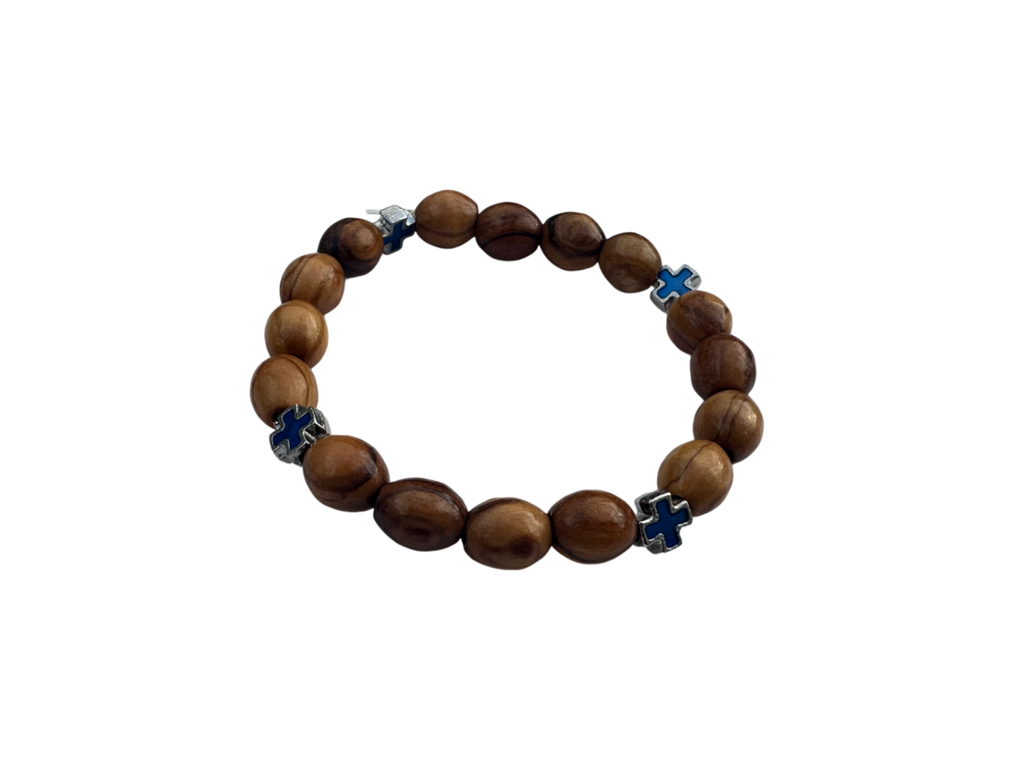 Olive Wood & Blue Metal Cross Bracelet