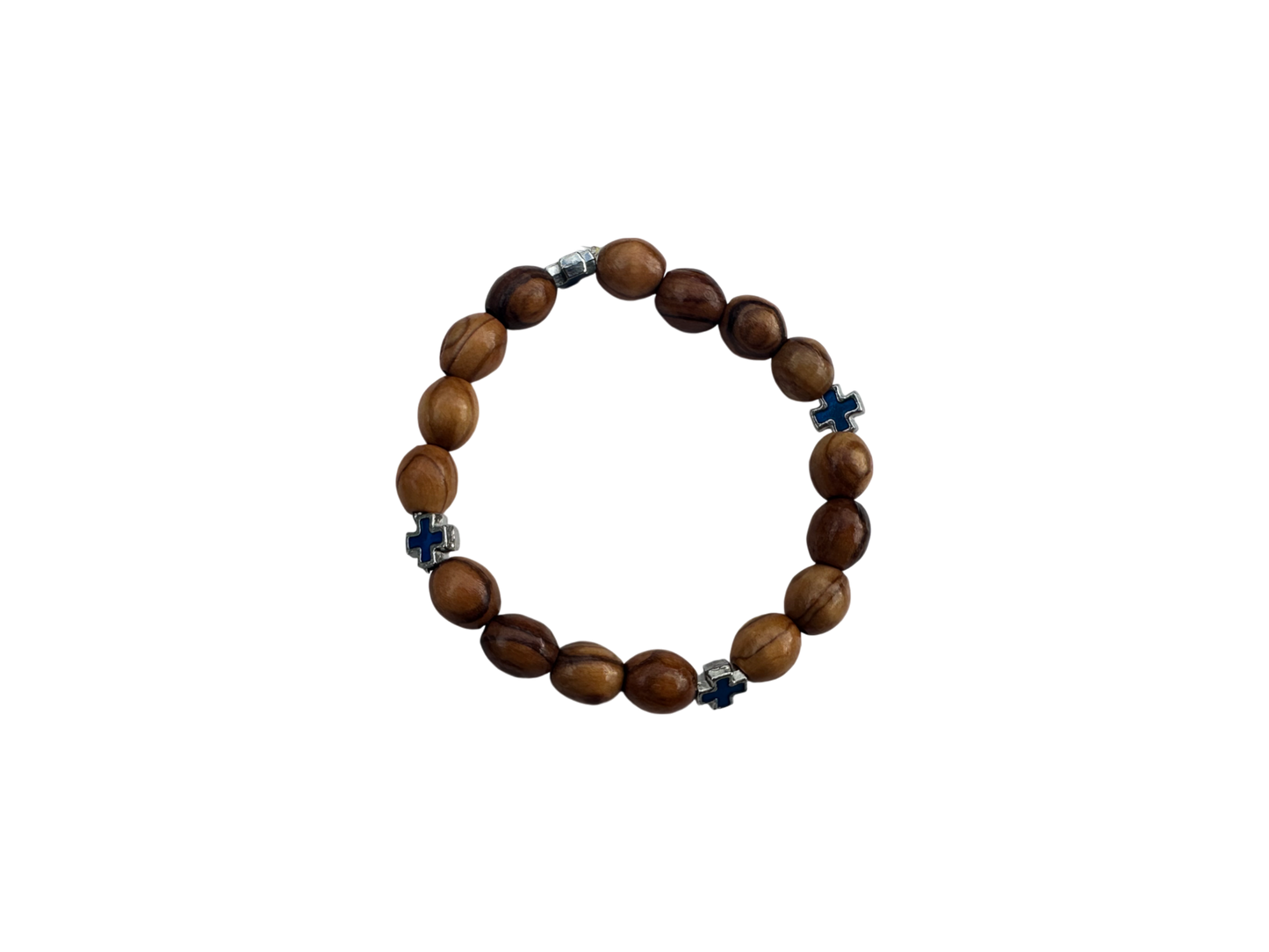 Olive Wood & Blue Metal Cross Bracelet