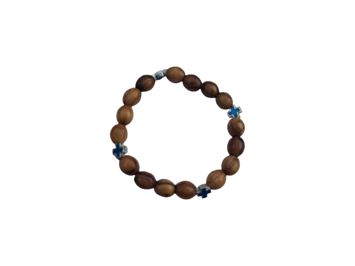 Olive Wood & Blue Metal Cross Bracelet