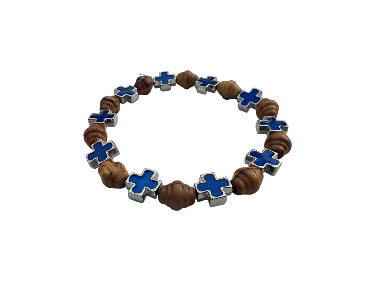 Oval Olive Wood & Blue Metal Cross Bracelet