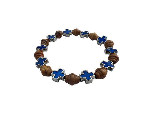Oval Olive Wood & Blue Metal Cross Bracelet