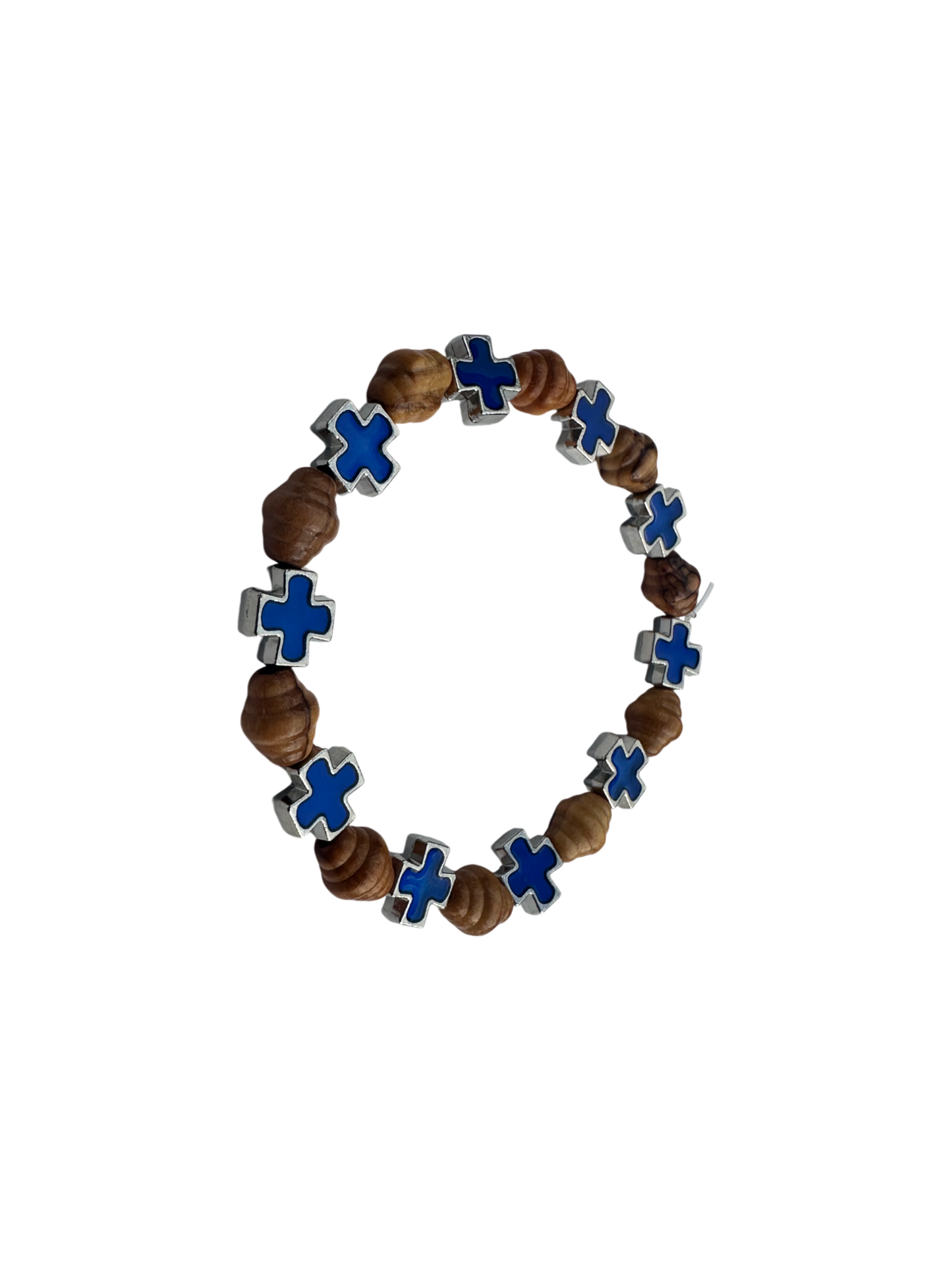 Oval Olive Wood & Blue Metal Cross Bracelet