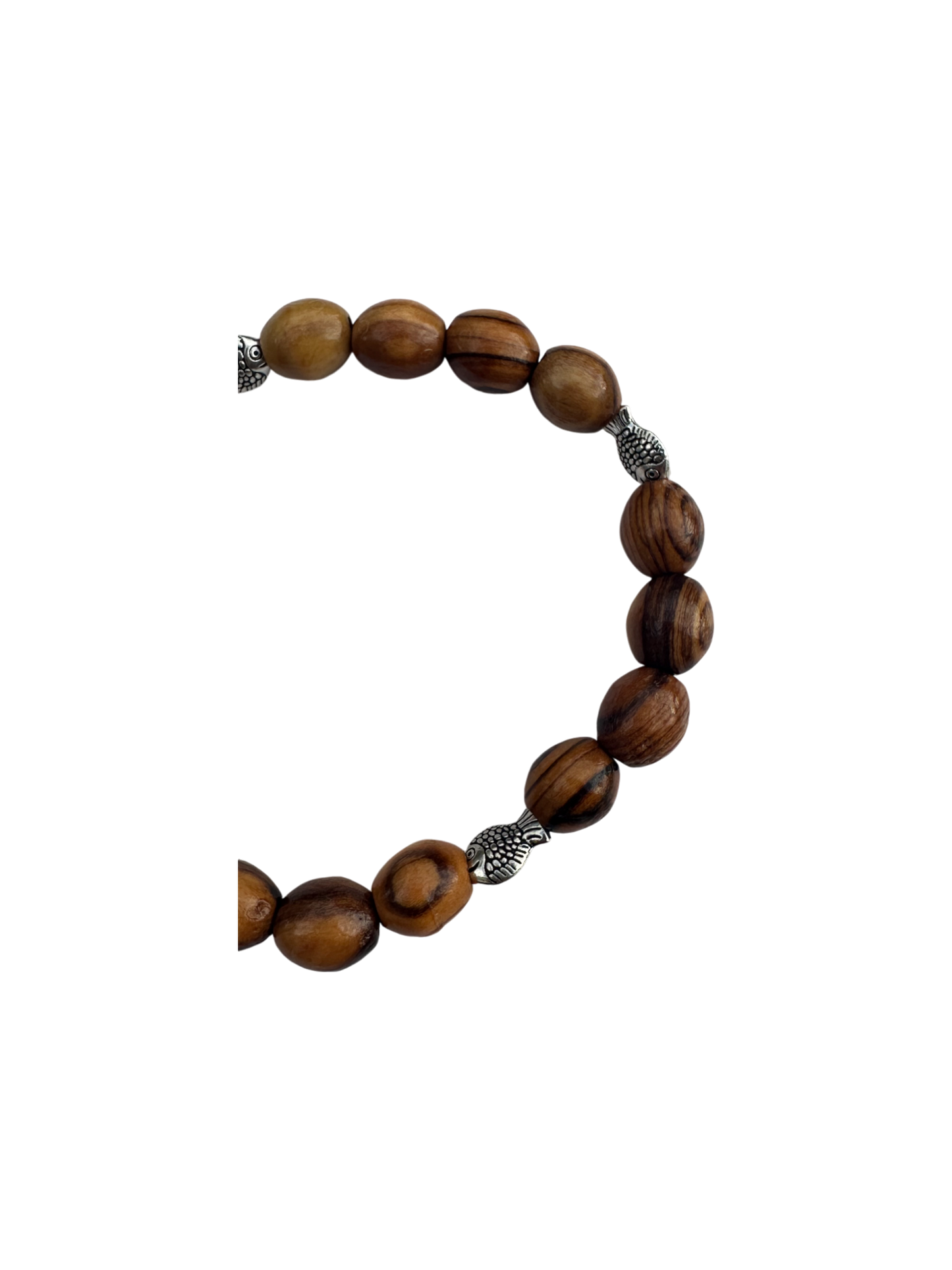 Round Olive Wood Beads & Metal Fish Bracelet