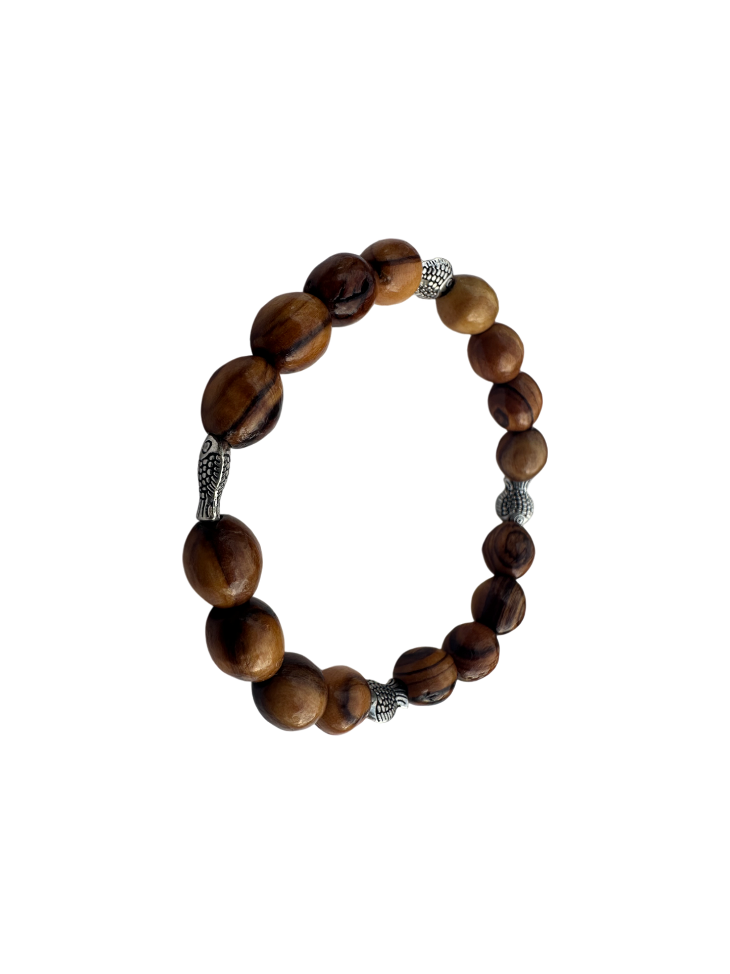 Round Olive Wood Beads & Metal Fish Bracelet