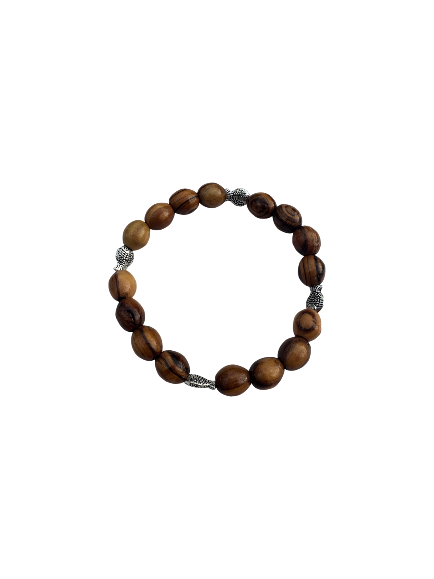 Round Olive Wood Beads & Metal Fish Bracelet