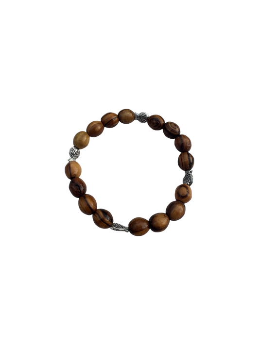 Round Olive Wood Beads & Metal Fish Bracelet