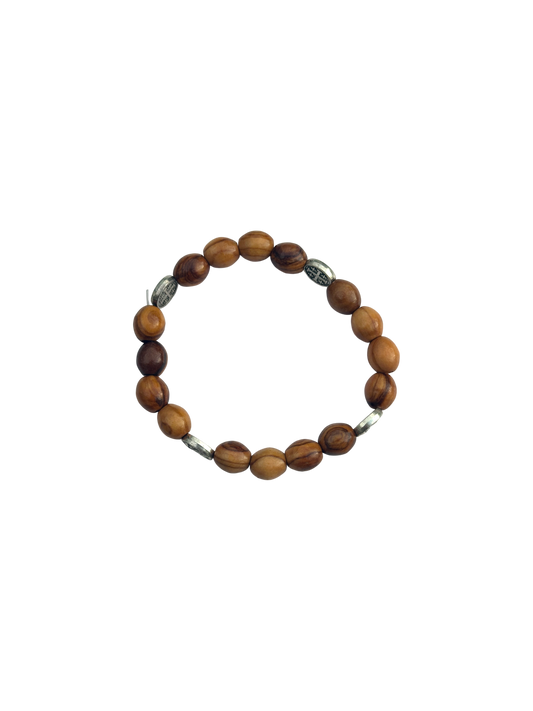 Round Olive Wood Beads and Metal Circles Bracelet