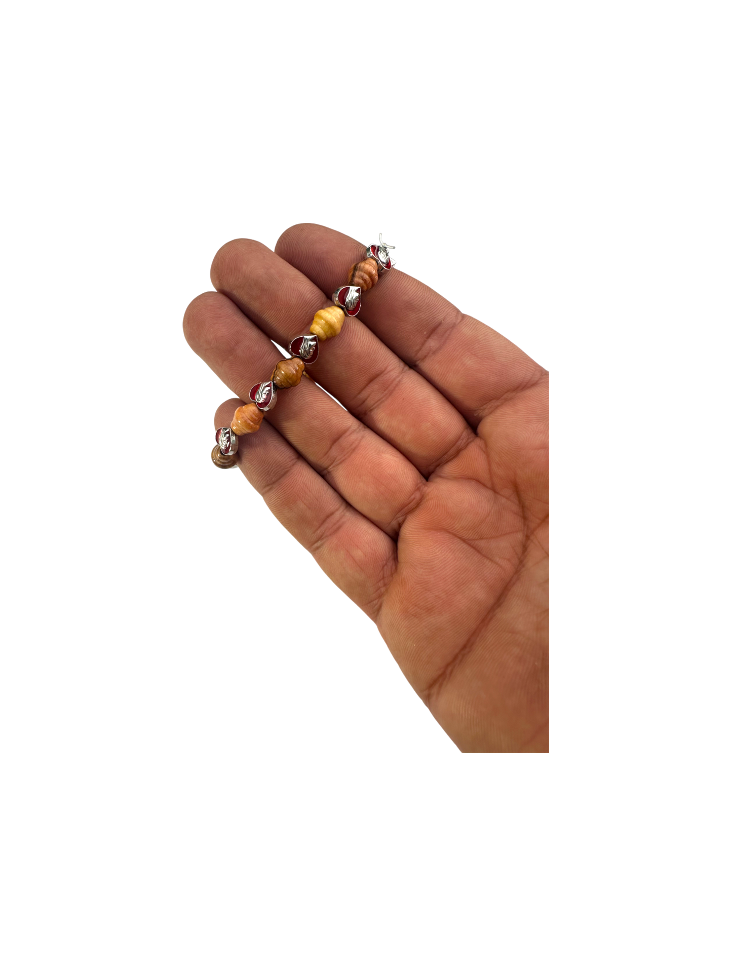 Oval Olive Wood and Red Metal Hearts with cross Bracelet