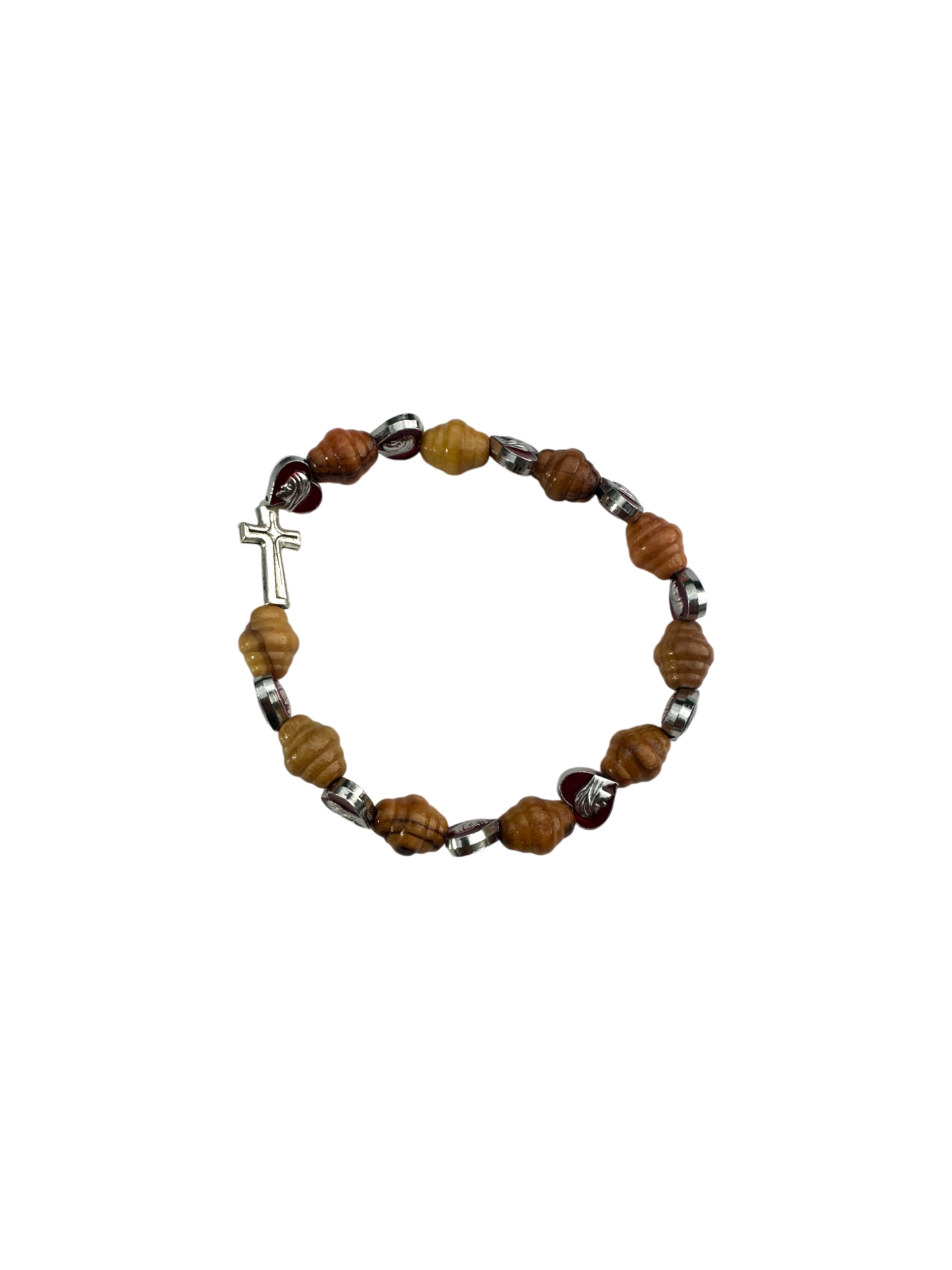 Oval Olive Wood and Red Metal Hearts with cross Bracelet