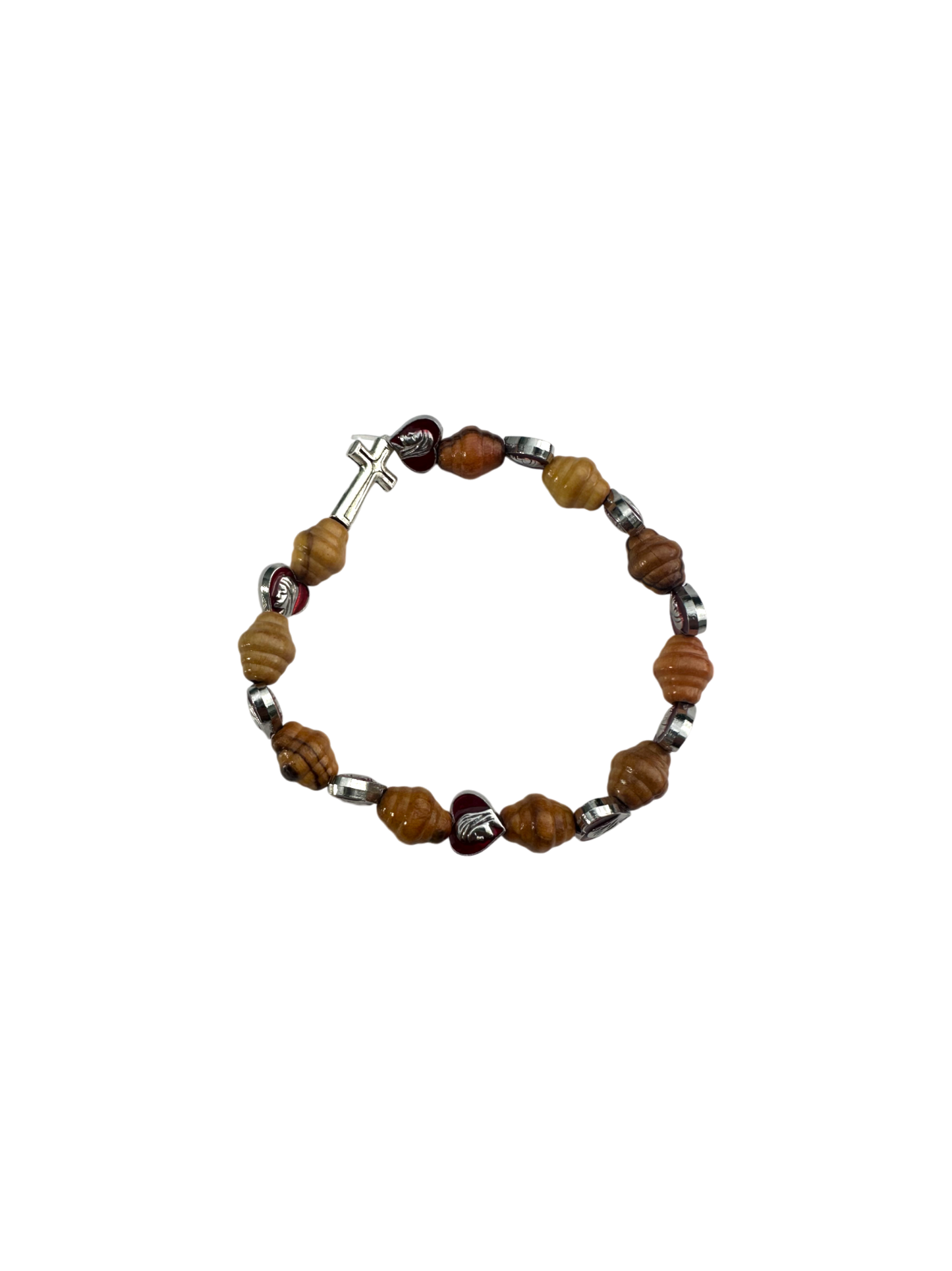 Oval Olive Wood and Red Metal Hearts with cross Bracelet