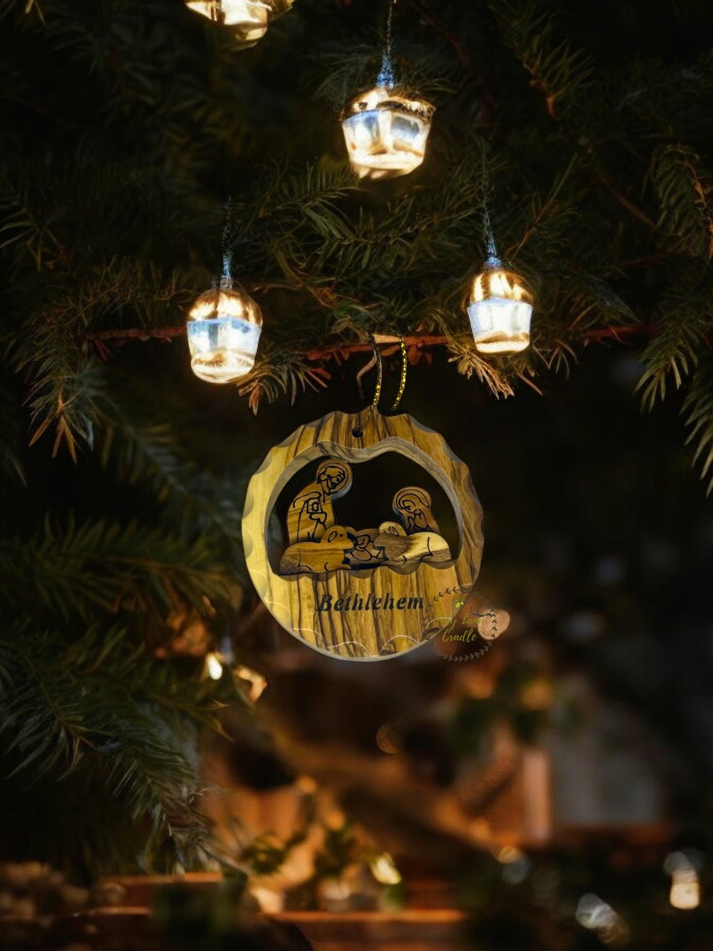 Olive Wood Ornament with Holy Family