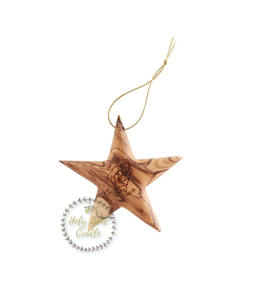 Olive Wood Star Ornament with Holy Family engraved
