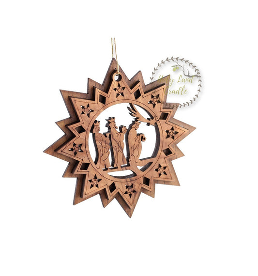 Olive Wood Star Ornament with Three Wise Men